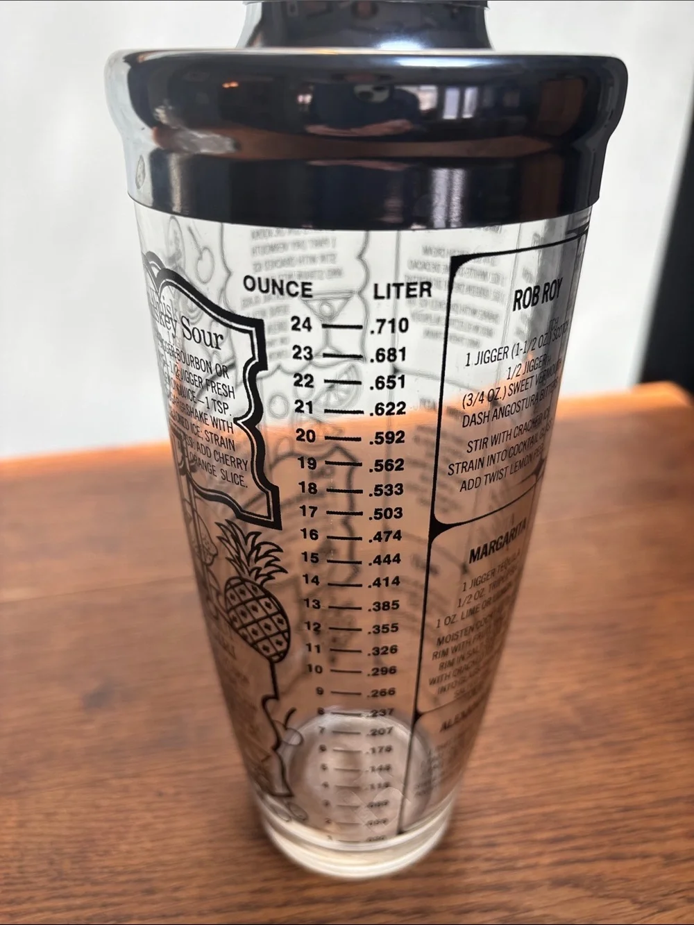 Vintage MCM Cocktail Shaker with Recipe Graphics - Silver & Clear